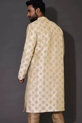 Fawn dupion art silk  kurta with  open sherwani style and full inside cotton linen