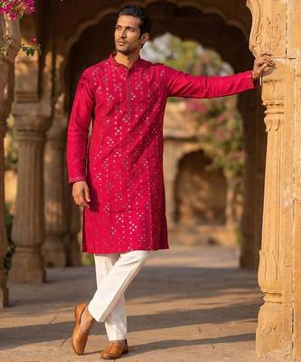 Mens pink silk blend solid embroidered kurta 5