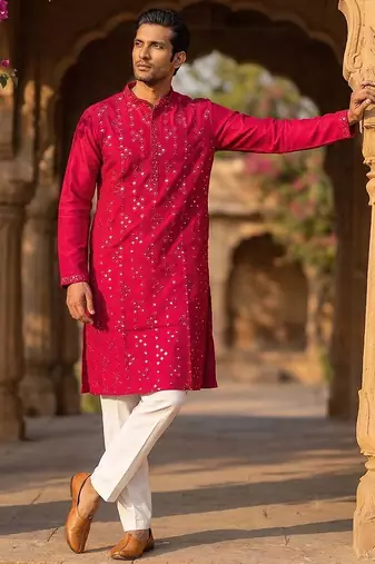 Mens pink silk blend solid embroidered kurta