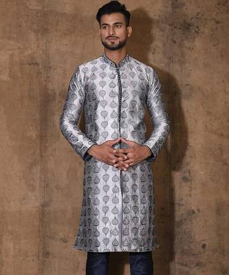 Grey dupion art silk  kurta with  open sherwani style and full inside cotton linen 1