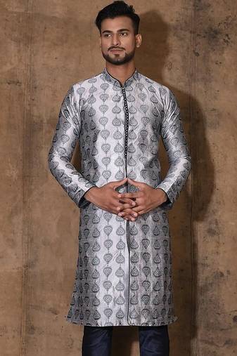 Grey dupion art silk  kurta with  open sherwani style and full inside cotton linen