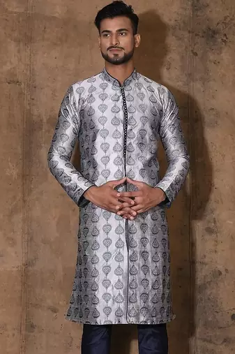 Grey dupion art silk  kurta with  open sherwani style and full inside cotton linen