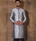 Grey dupion art silk  kurta with  open sherwani style and full inside cotton linen
