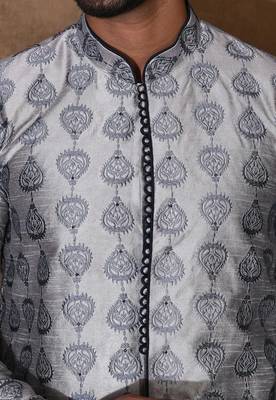Grey dupion art silk  kurta with  open sherwani style and full inside cotton linen 2