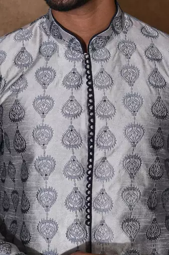 Grey dupion art silk  kurta with  open sherwani style and full inside cotton linen