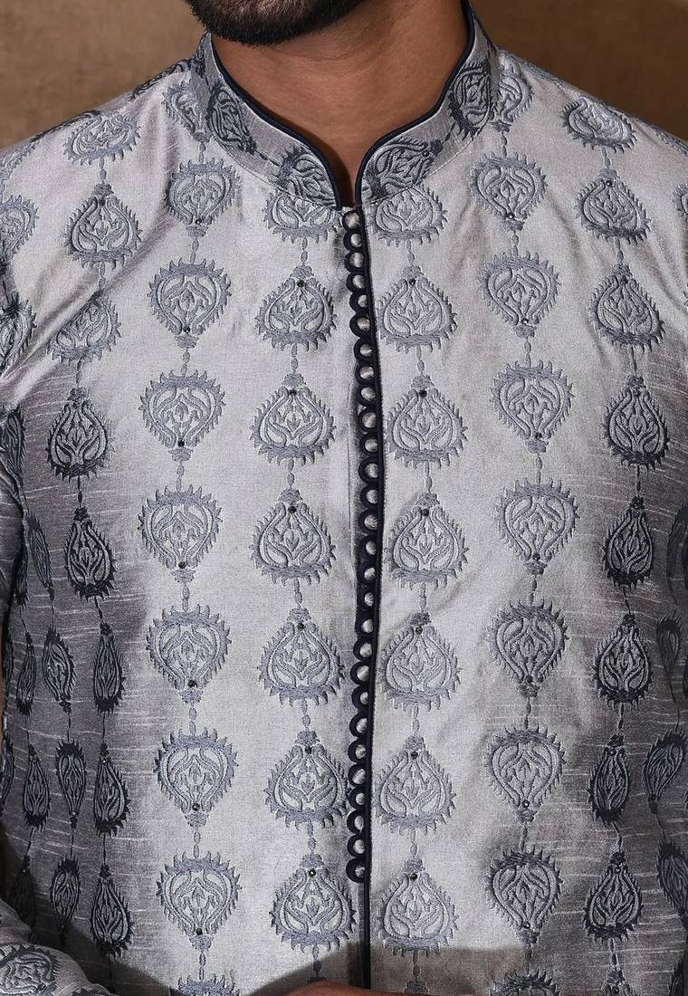Grey dupion art silk  kurta with  open sherwani style and full inside cotton linen