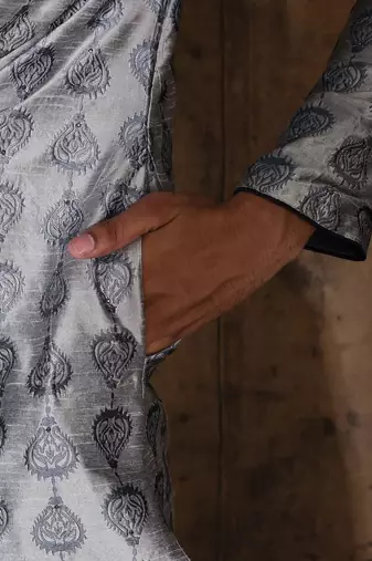 Grey dupion art silk  kurta with  open sherwani style and full inside cotton linen