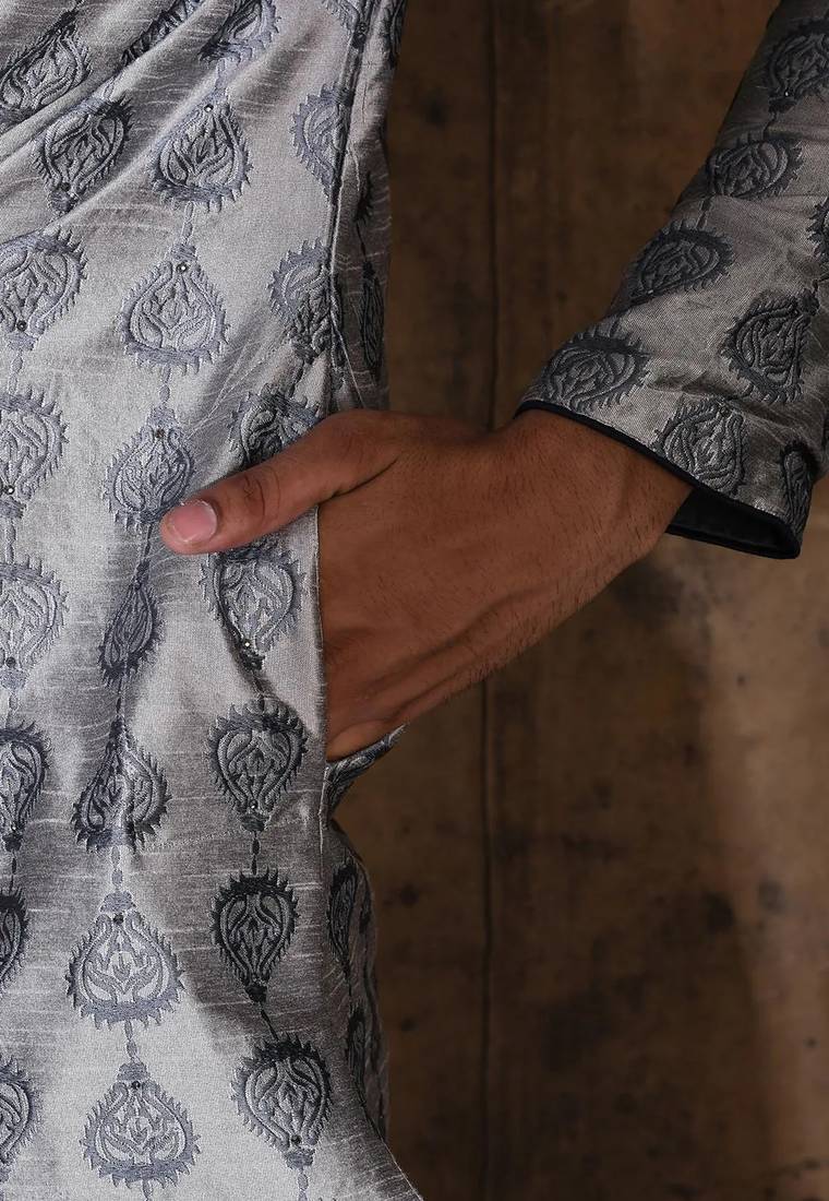 Grey dupion art silk  kurta with  open sherwani style and full inside cotton linen