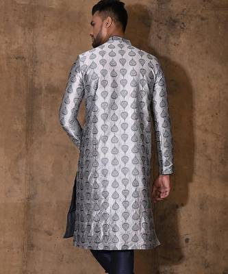 Grey dupion art silk  kurta with  open sherwani style and full inside cotton linen 4
