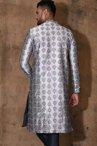 Grey dupion art silk  kurta with  open sherwani style and full inside cotton linen