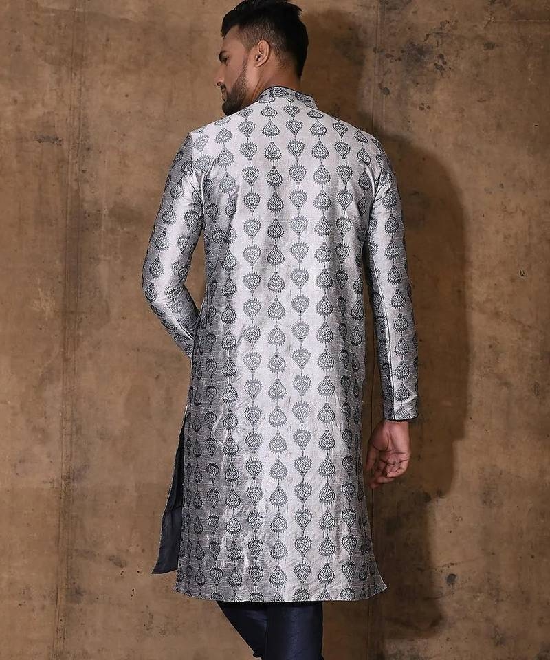 Grey dupion art silk  kurta with  open sherwani style and full inside cotton linen