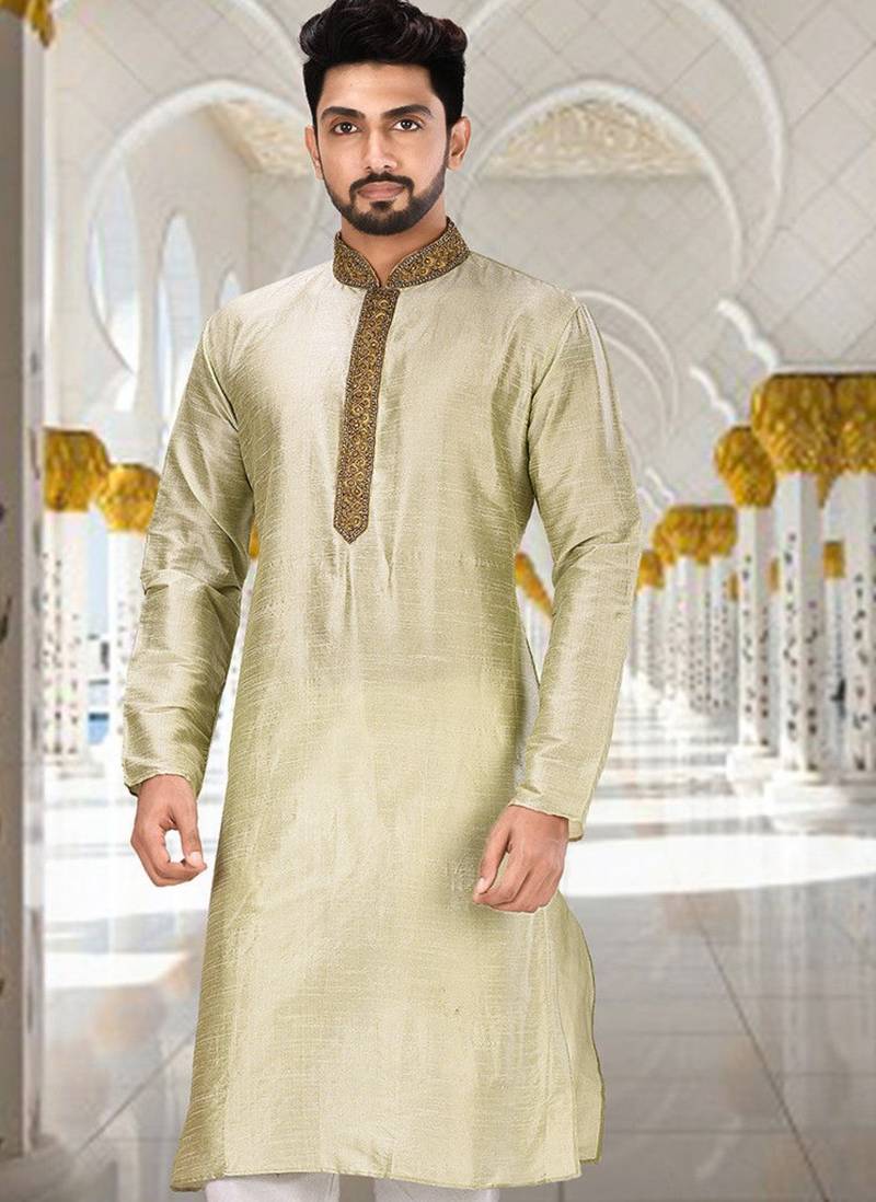 Sea green dupion art silk  kurta with patten work&hand work