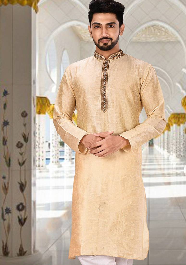 Fawn dupion art silk  kurta with patten work&hand work