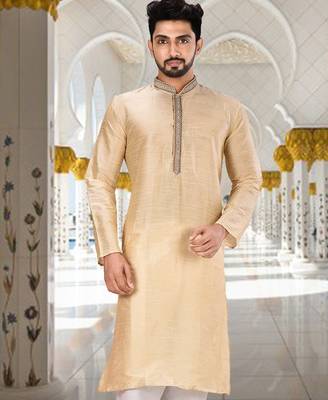 Fawn dupion art silk  kurta with hand work on collar and front button line 1