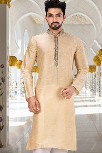 Fawn dupion art silk  kurta with hand work on collar and front button line