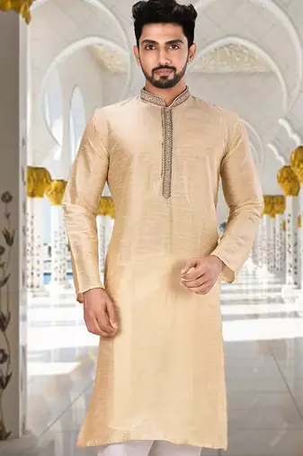 Fawn dupion art silk  kurta with hand work on collar and front button line