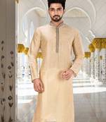 Fawn dupion art silk  kurta with hand work on collar and front button line