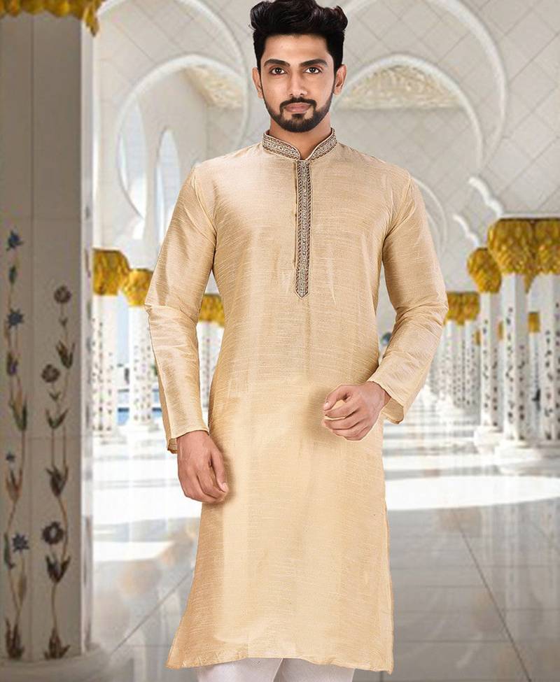 Fawn dupion art silk  kurta with hand work on collar and front button line