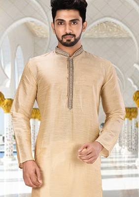 Fawn dupion art silk  kurta with hand work on collar and front button line 2