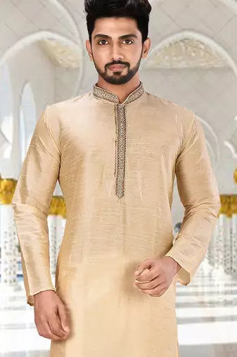 Fawn dupion art silk  kurta with hand work on collar and front button line