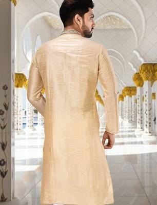 Fawn dupion art silk  kurta with hand work on collar and front button line 3