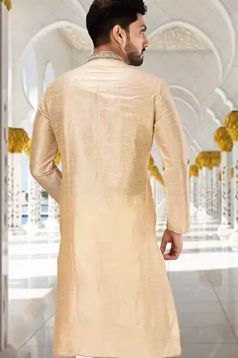 Fawn dupion art silk  kurta with hand work on collar and front button line