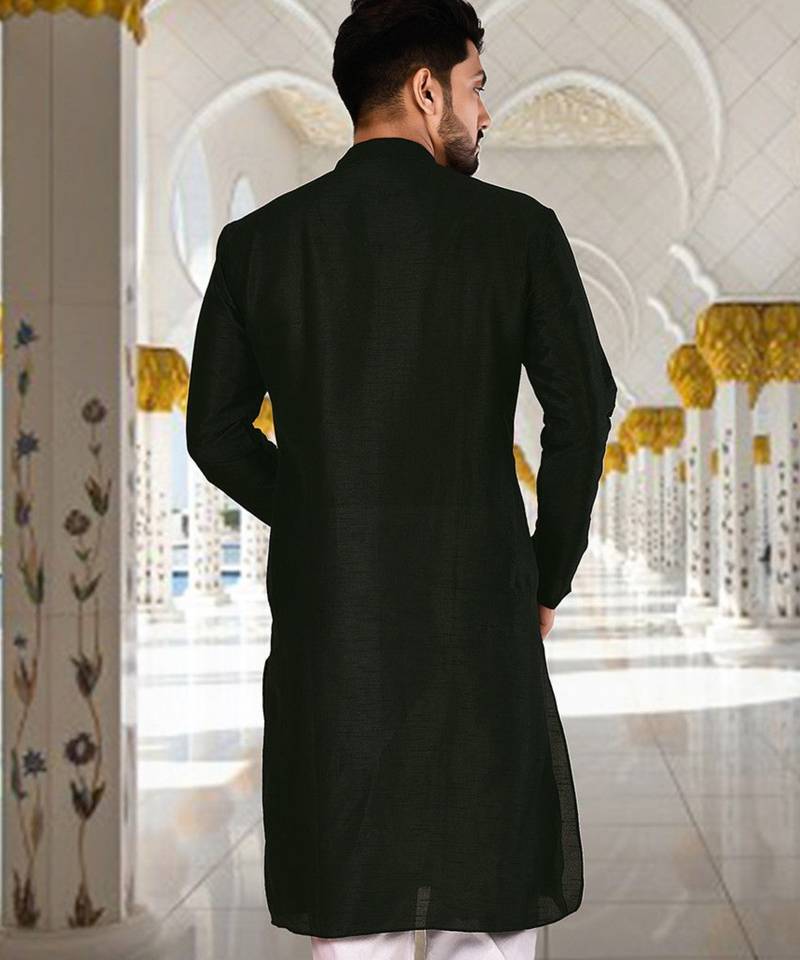 Black dupion art silk  kurta with plain kurta