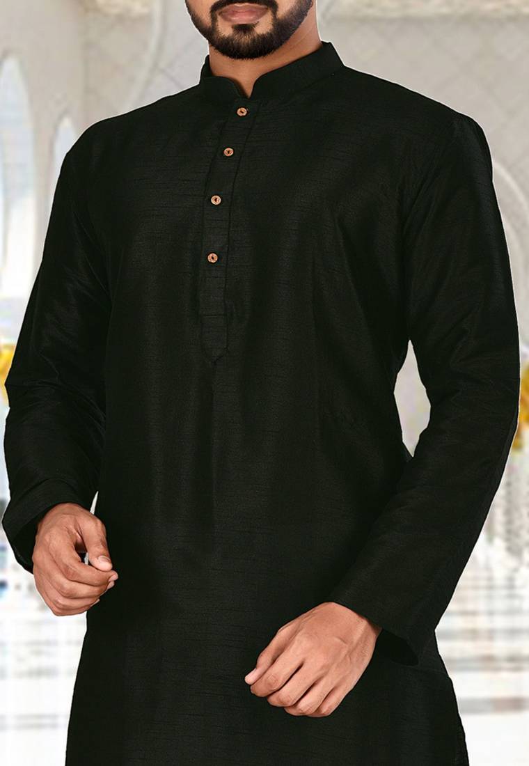 Black dupion art silk  kurta with plain kurta