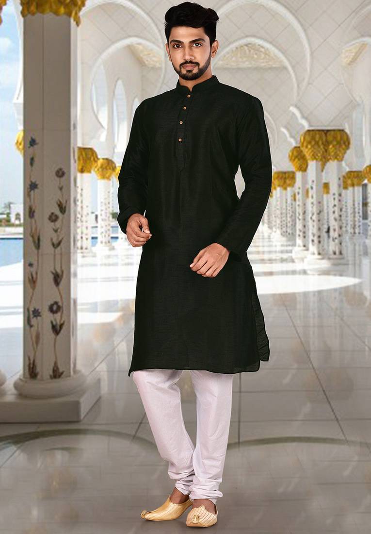 Black dupion art silk  kurta with plain kurta