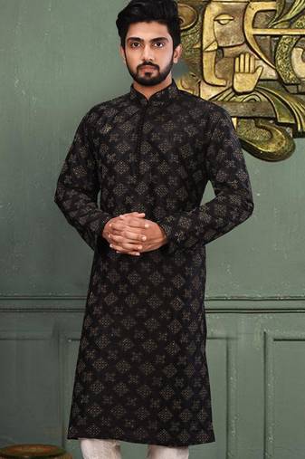 Black dupion art silk  kurta with computerised embroidery machine work