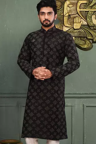 Black dupion art silk  kurta with computerised embroidery machine work