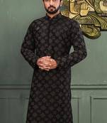 Black dupion art silk  kurta with computerised embroidery machine work