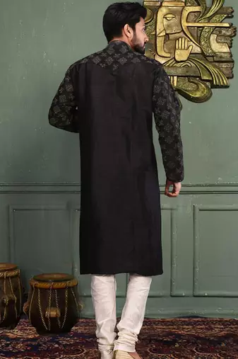 Black dupion art silk  kurta with computerised embroidery machine work