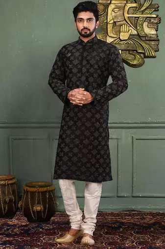 Black dupion art silk  kurta with computerised embroidery machine work