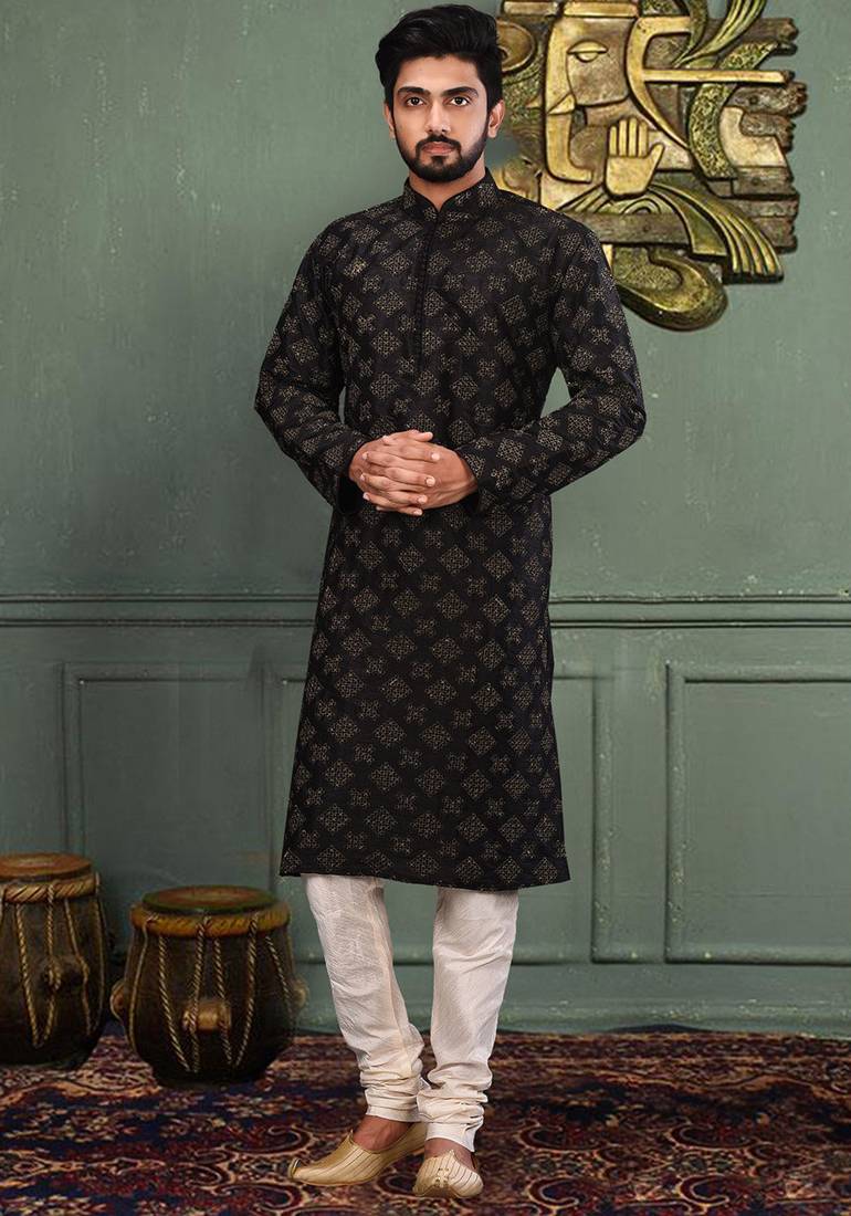 Black dupion art silk  kurta with computerised embroidery machine work