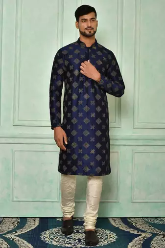 Blue dupion art silk  kurta with computerised embroidery machine work