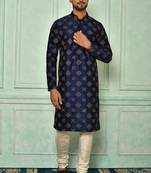 Blue dupion art silk  kurta with computerised embroidery machine work