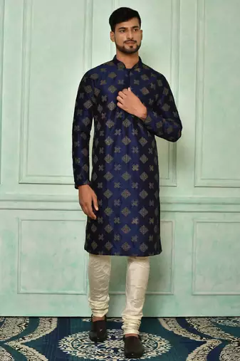 Blue dupion art silk  kurta with computerised embroidery machine work