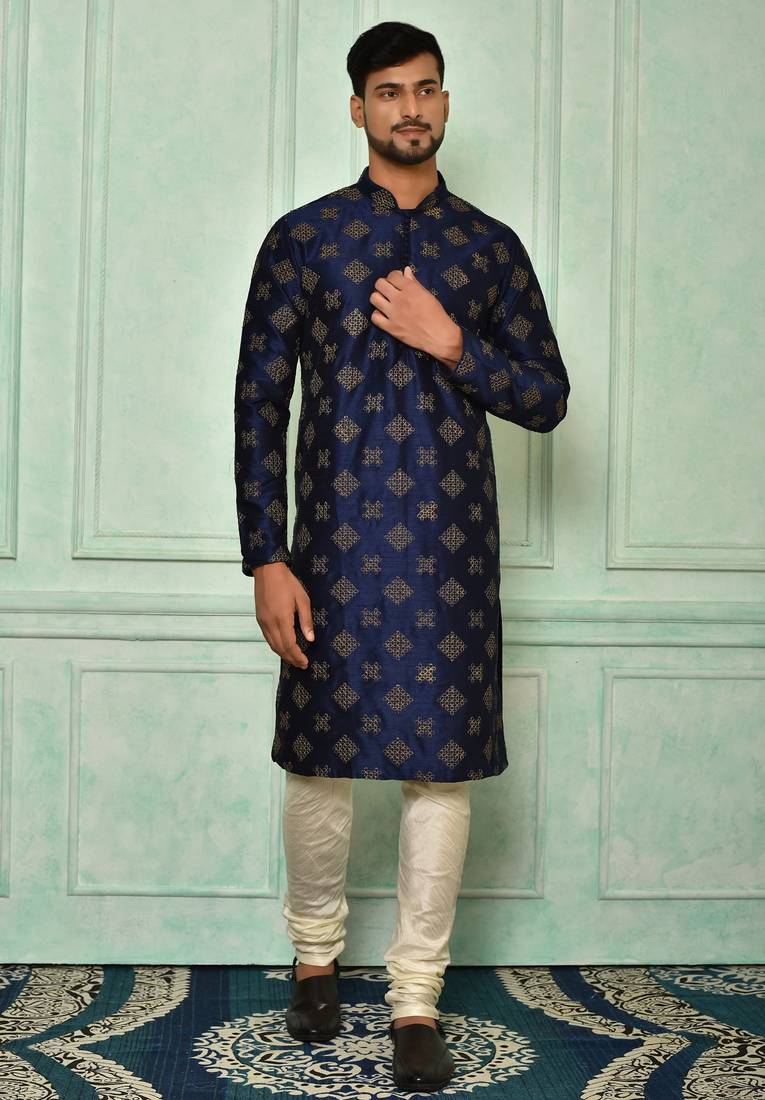 Blue dupion art silk  kurta with computerised embroidery machine work