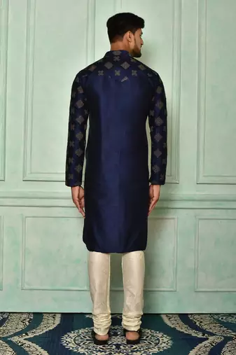 Blue dupion art silk  kurta with computerised embroidery machine work