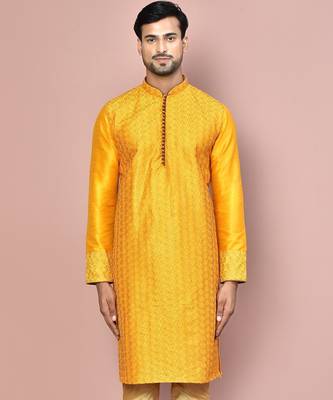 Mustard dupion art silk  kurta with computerised embroidery machine work 1