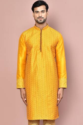 Mustard dupion art silk  kurta with computerised embroidery machine work