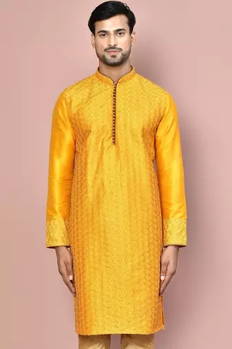 Mustard dupion art silk  kurta with computerised embroidery machine work