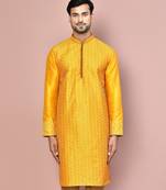 Mustard dupion art silk  kurta with computerised embroidery machine work