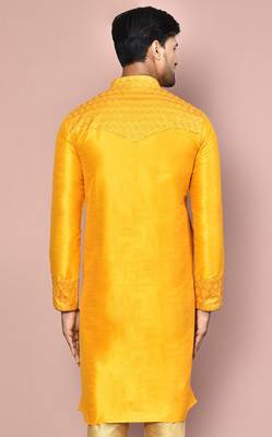 Mustard dupion art silk  kurta with computerised embroidery machine work 2
