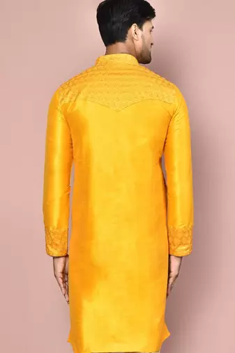 Mustard dupion art silk  kurta with computerised embroidery machine work