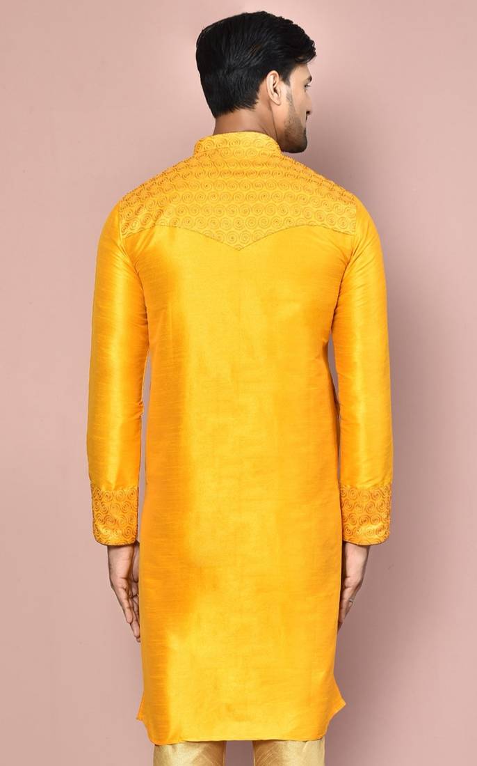 Mustard dupion art silk  kurta with computerised embroidery machine work