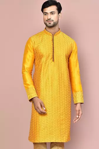 Mustard dupion art silk  kurta with computerised embroidery machine work