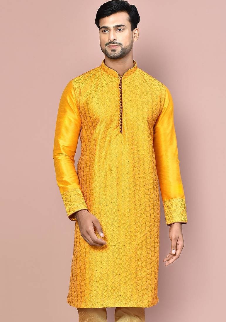 Mustard dupion art silk  kurta with computerised embroidery machine work