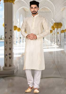 Off white dupion art silk  kurta with computerised embroidery machine work churidar 1